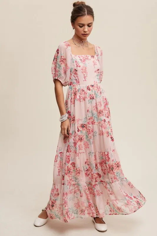 Blush Square Neck Puff Sleeve Floral Chiffon Maxi Dress sold by Pinkblush