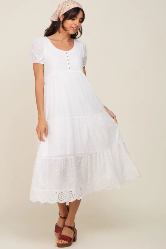 Ivory Eyelet Button Front Tiered Scalloped Hem Midi Dress sold by Pinkblush