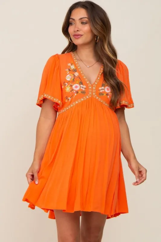 Orange Embroidered V-Neck Maternity Dress sold by Pinkblush
