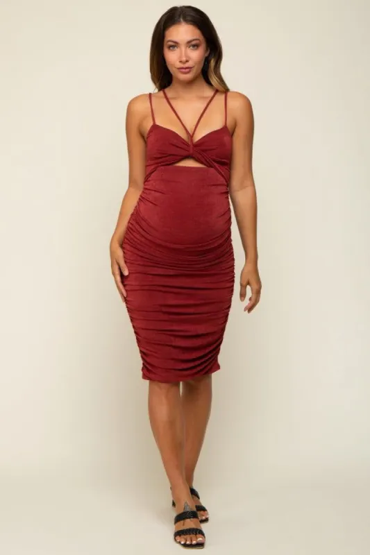 Rust Strappy Cutout Fitted Maternity Midi Dress sold by Pinkblush