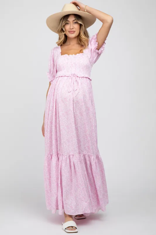 Pink Ditsy Floral Smocked Puff Sleeve Maternity Maxi Dress sold by Pinkblush
