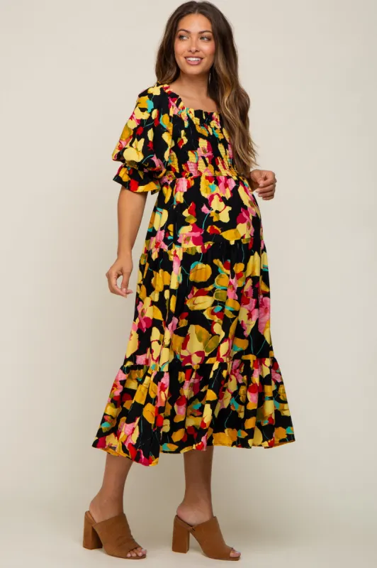 Black Floral Puff Sleeve Maternity Midi Dress sold by Pinkblush