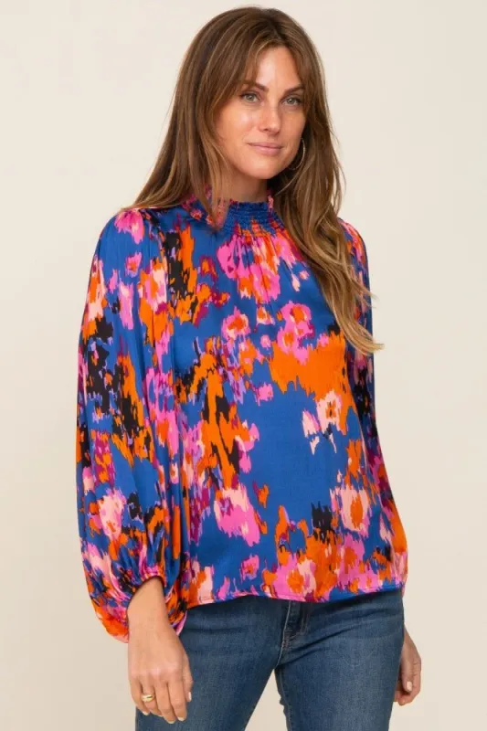 Royal Blue Abstract Smocked Mock Neck Blouse sold by Pinkblush