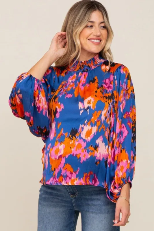 Royal Blue Abstract Smocked Mock Neck Maternity Blouse sold by Pinkblush