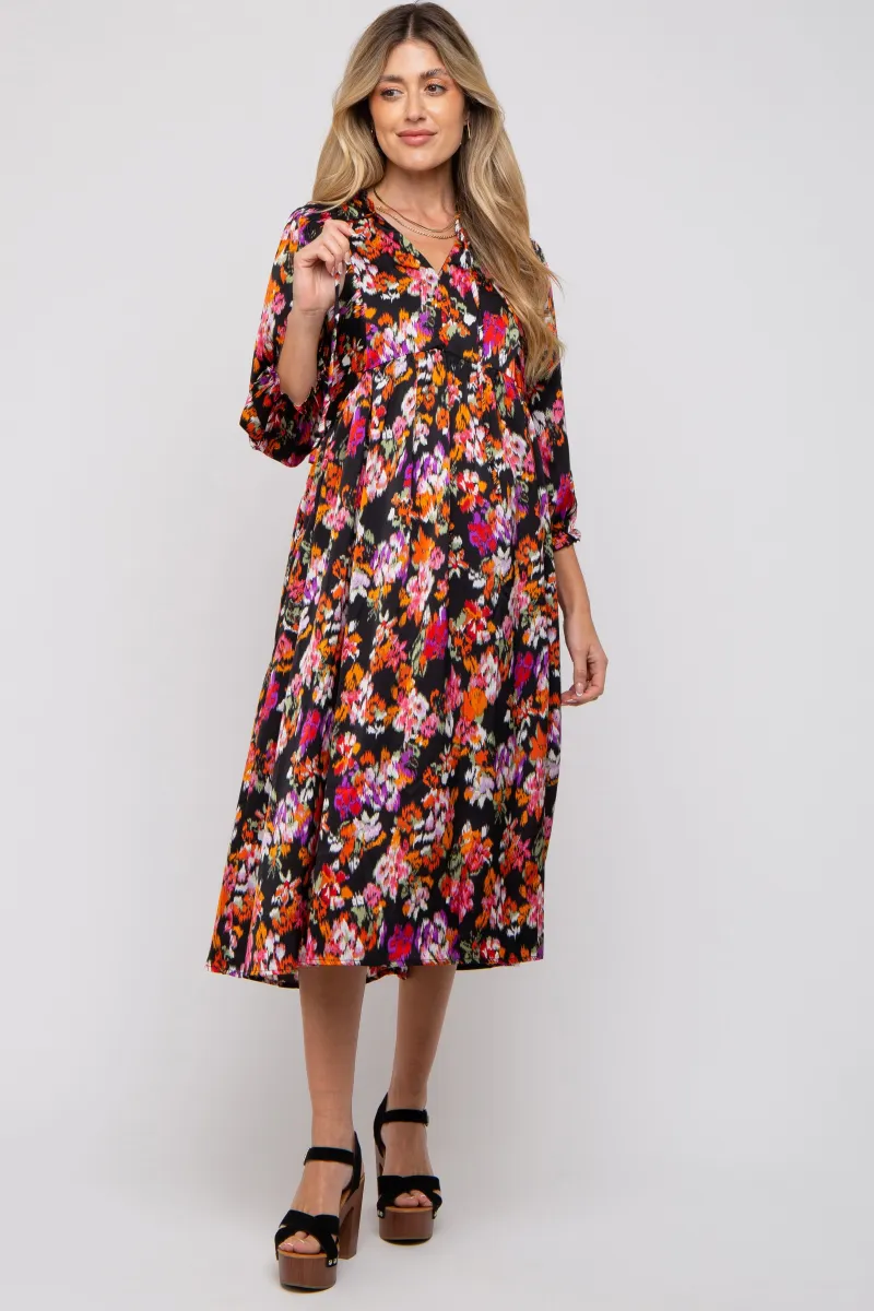 Black Floral Satin Ruffle Neck Maternity Midi Dress | Parallel