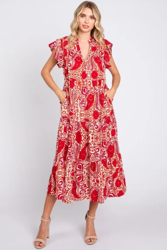 Red Paisely Flutter Sleeve Button Front Tiered Midi Dress sold by Pinkblush