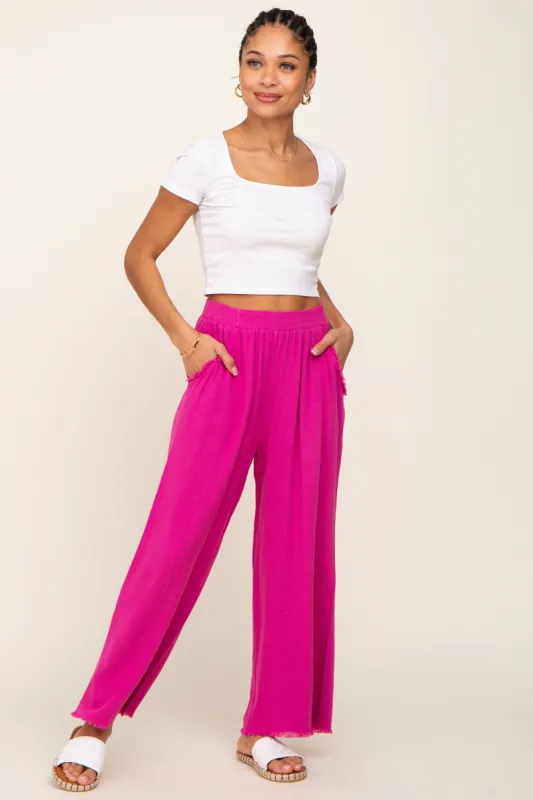 Fuchsia Fringe Hem Linen Pants sold by Pinkblush