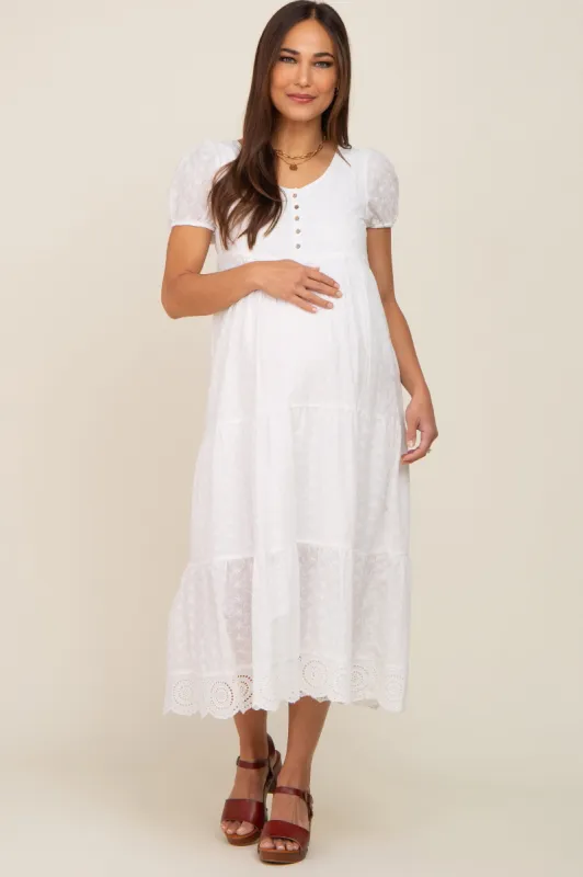 Ivory Eyelet Button Front Tiered Scalloped Hem Maternity Midi Dress sold by Pinkblush
