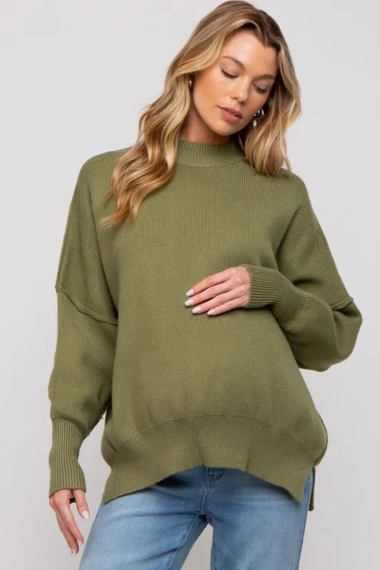 Light Olive Knit Mock Neck Maternity Sweater sold by Pinkblush