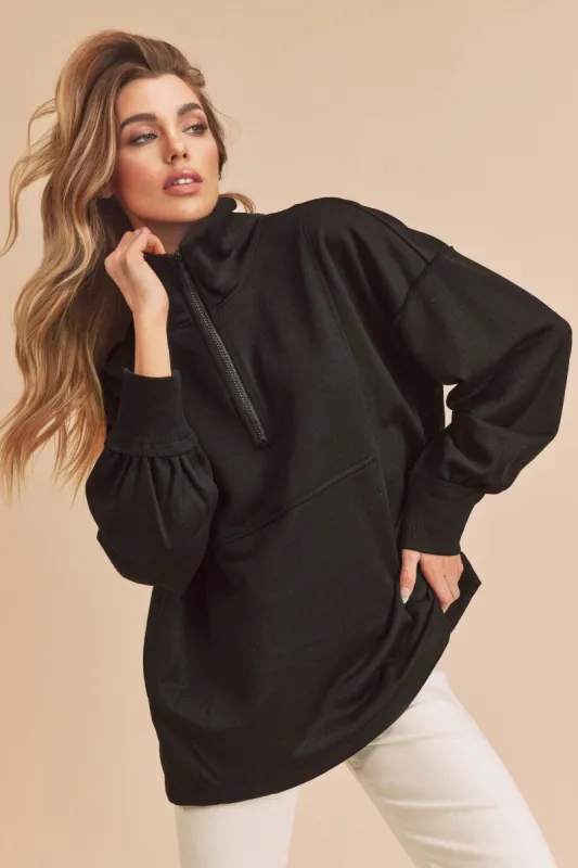 Black Half Zip Pullover Top sold by Pinkblush