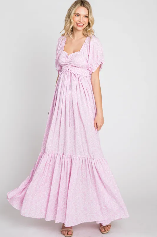 Pink Ditsy Floral Smocked Puff Sleeve Maxi Dress sold by Pinkblush