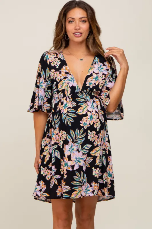 Black Floral Deep V-Neck Maternity Dress sold by Pinkblush