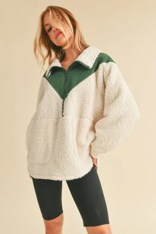 Forest Green Colorblock Half Zip Fleece Pullover sold by Pinkblush