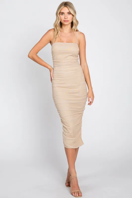 Gold Sparkle Mesh Ruched Midi Dress sold by Pinkblush