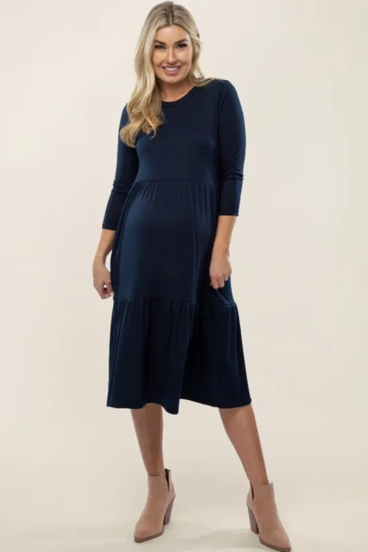Navy Tiered Ribbed 3/4 Sleeve Maternity Midi Dress sold by Pinkblush