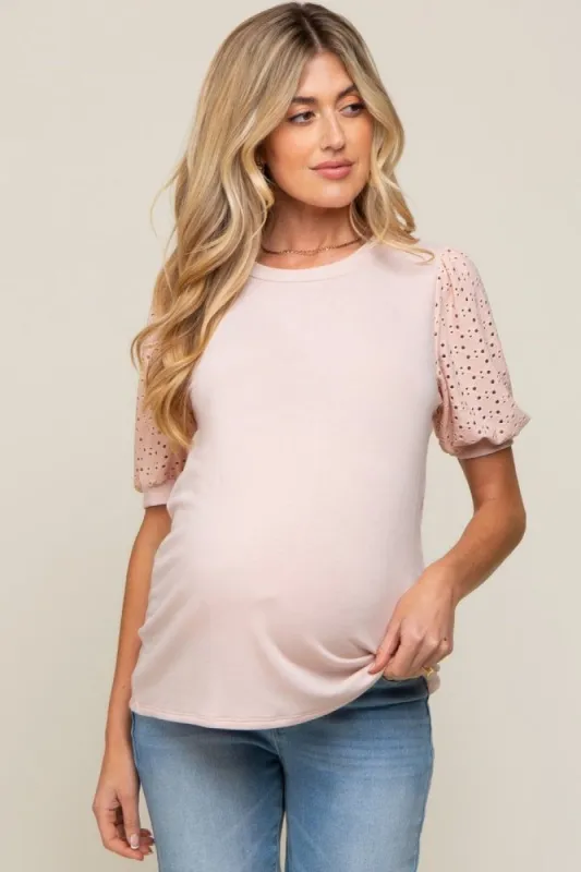 Light Pink Eyelet Lace Sleeve Maternity Top sold by Pinkblush