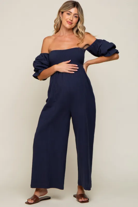 Navy Linen Smocked Off Shoulder Wide Leg Maternity Jumpsuit sold by Pinkblush