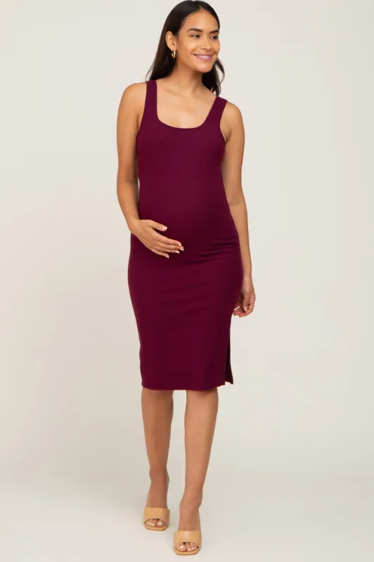 Plum Rib Knit Side Slit Maternity Midi Dress sold by Pinkblush