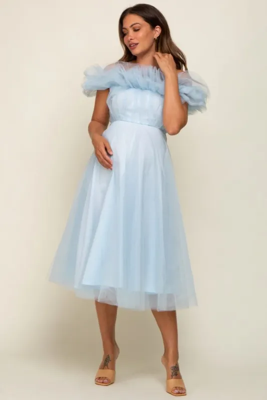 Light Blue Tulle Off Shoulder Maternity Midi Dress sold by Pinkblush