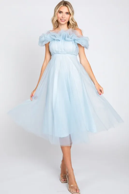 Light Blue Tulle Off Shoulder Midi Dress sold by Pinkblush