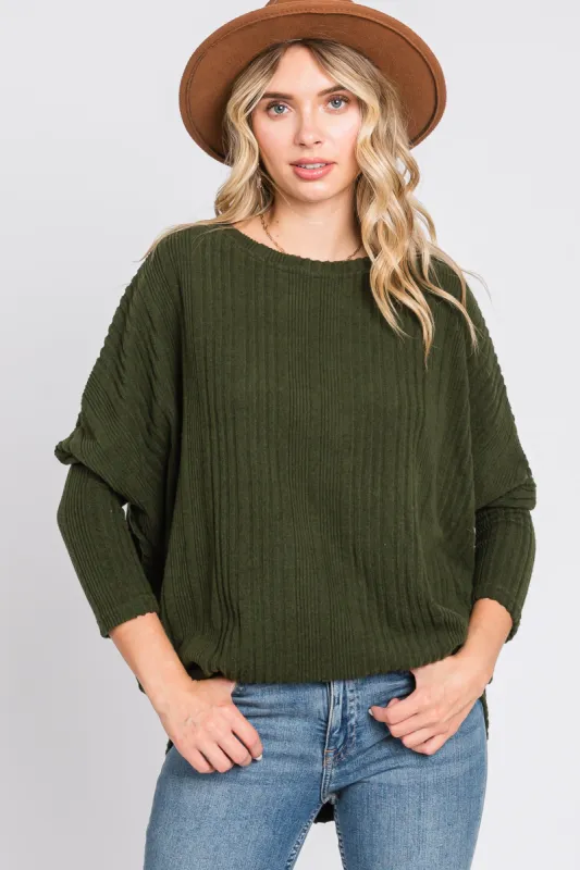 Olive Ribbed Brushed Knit Dolman Sleeve Top sold by Pinkblush
