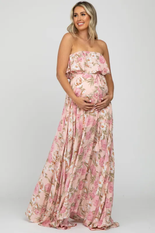 Pink Floral Strapless Ruffle Front Maternity Maxi Dress sold by Pinkblush