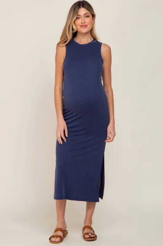 Navy Soft Knit Sleeveless Maternity Midi Dress sold by Pinkblush