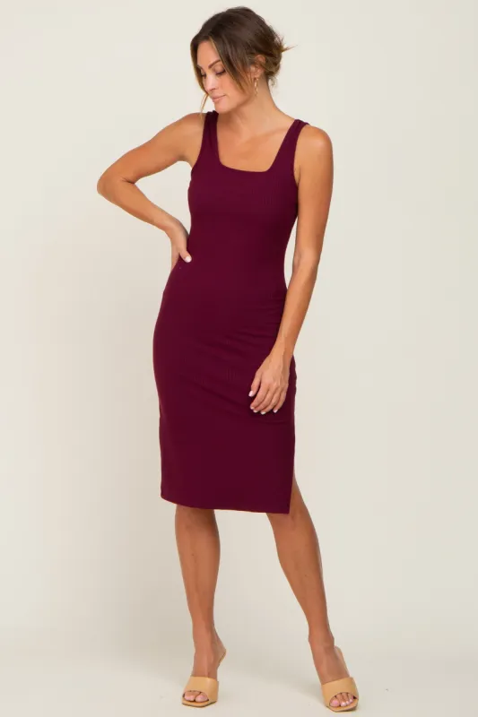 Plum Rib Knit Side Slit Midi Dress sold by Pinkblush