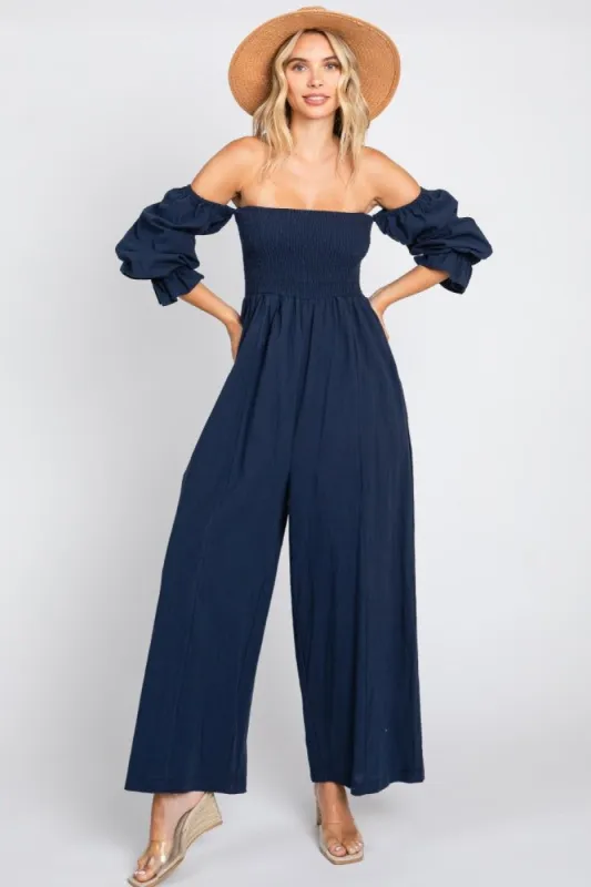 Navy Linen Smocked Off Shoulder Wide Leg Jumpsuit sold by Pinkblush