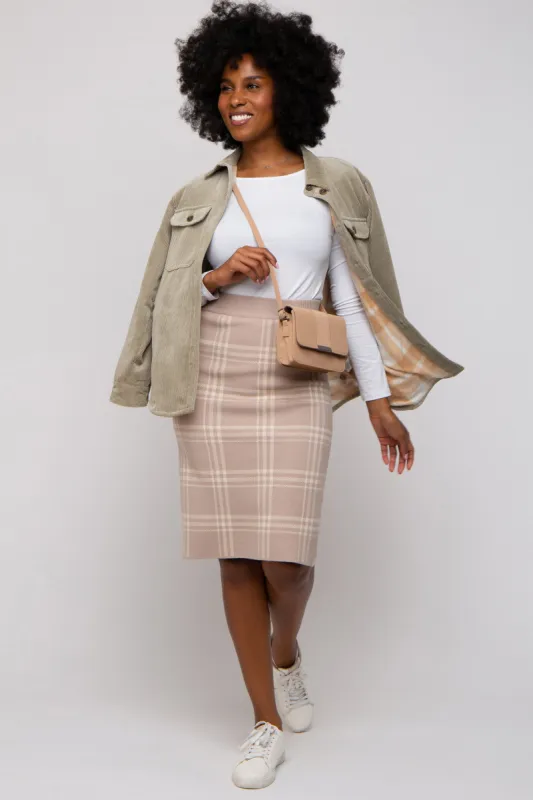 Taupe Knit Plaid Fitted Skirt sold by Pinkblush