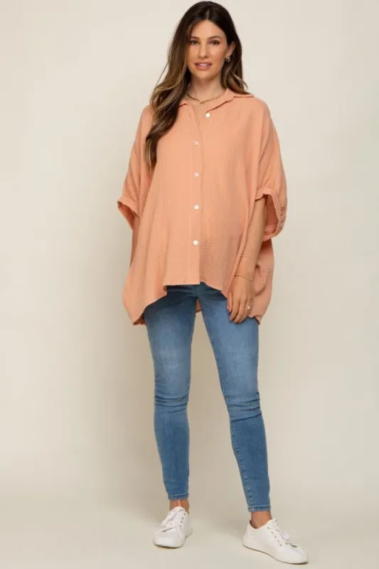 Peach Gauze Double Layered Maternity Button Up Top sold by Pinkblush