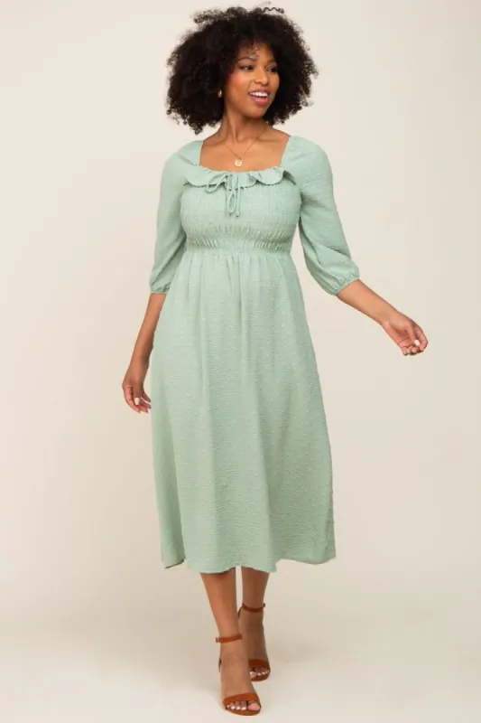 Sage Swiss Dot 3/4 Sleeve Midi Dress sold by Pinkblush