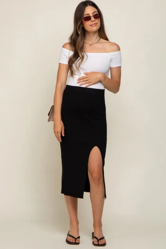Black Ribbed Knit Slit Maternity Midi Skirt sold by Pinkblush