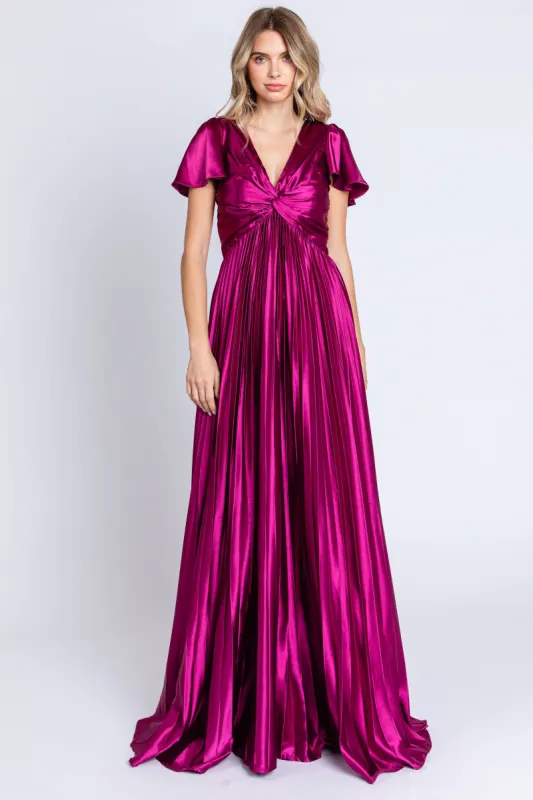 Magenta Short Sleeve Pleated Tie Back Maxi Dress sold by Pinkblush