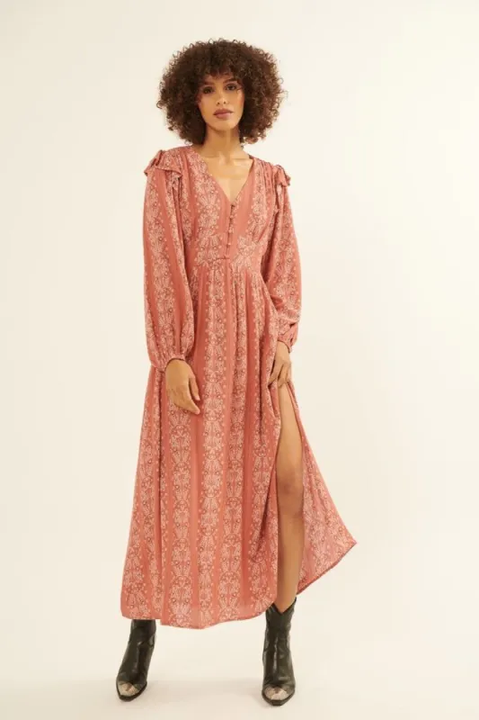 Rose Paisley Bandana Print Ruffled Maxi Dress sold by Pinkblush