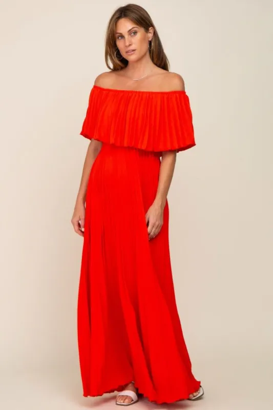Orange Pleated Off Shoulder Maxi Dress sold by Pinkblush