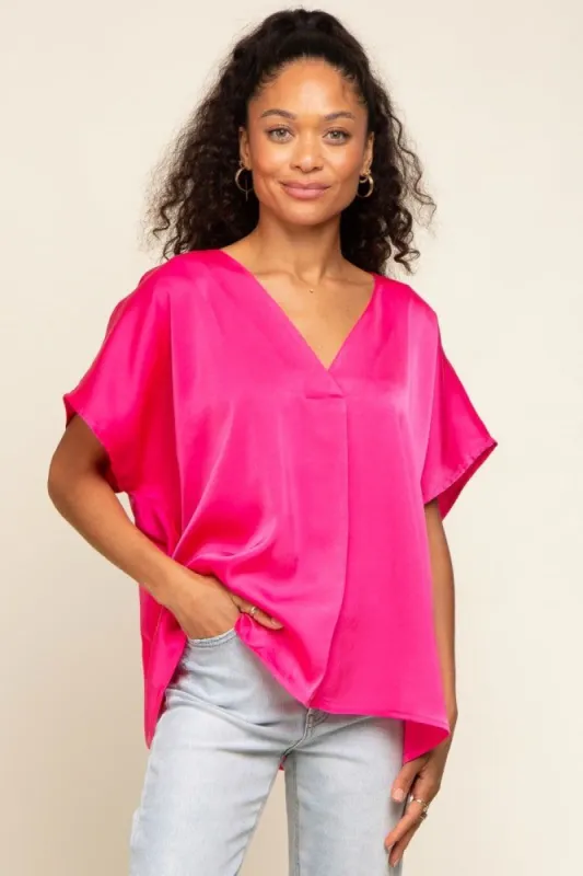Fuchsia Satin V-Neck Blouse sold by Pinkblush
