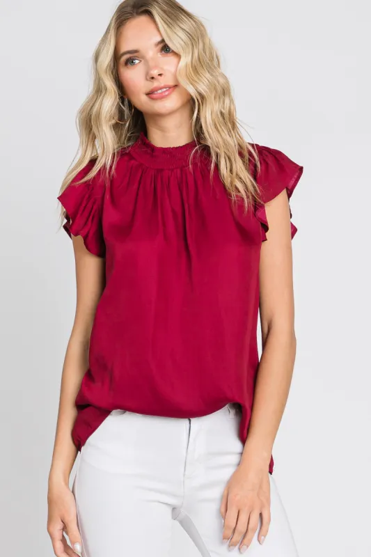 Burgundy Mock Neck Flutter Blouse sold by Pinkblush