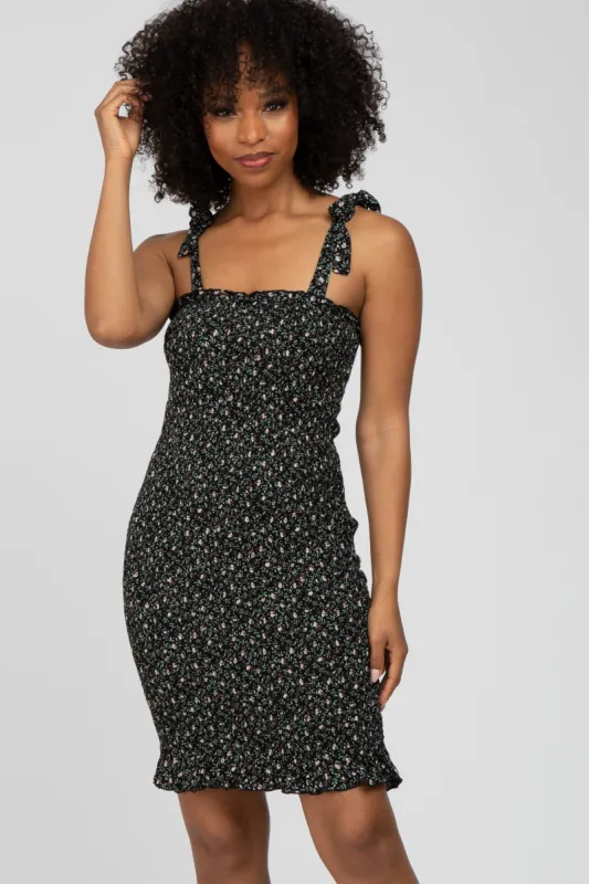 Black Multi Floral Smocked Square Neck Tied Strap Dress made by Pinkblush