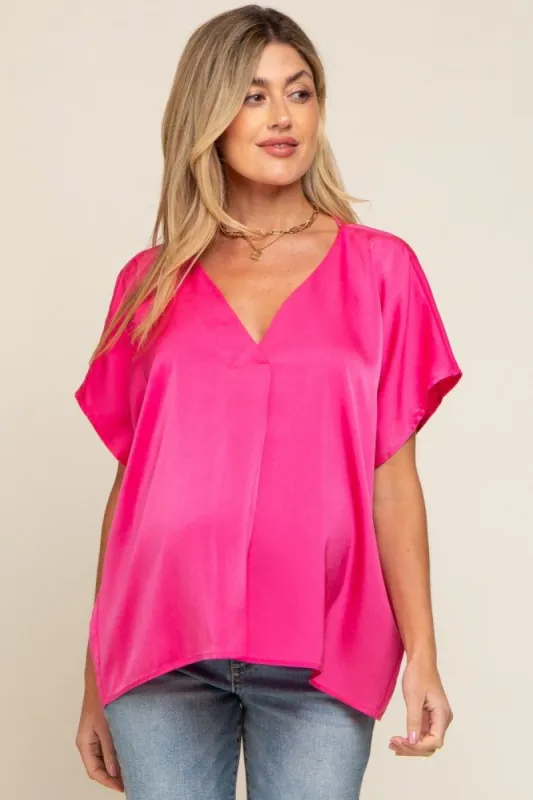 Fuchsia Satin V-Neck Maternity Blouse sold by Pinkblush