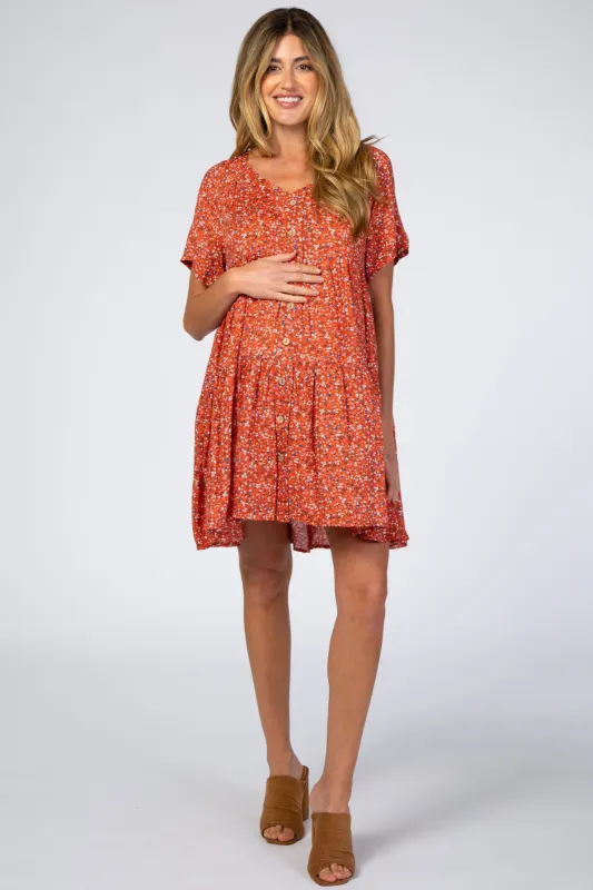Rust Floral Button Front Maternity Mini Dress sold by Pinkblush