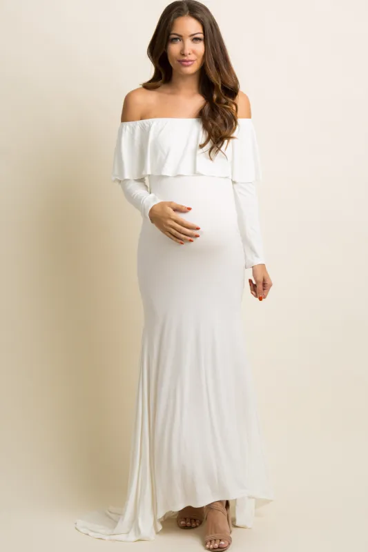 PinkBlush Ivory Off Shoulder Ruffle Maternity Photoshoot Gown/Dress made by Pinkblush