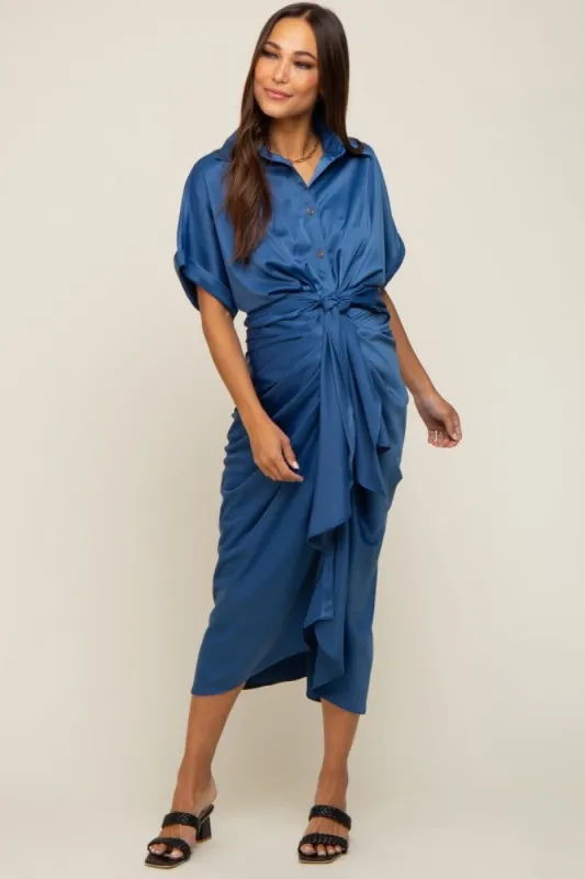 Navy Satin Button Down Gathered Maternity Midi Dress sold by Pinkblush
