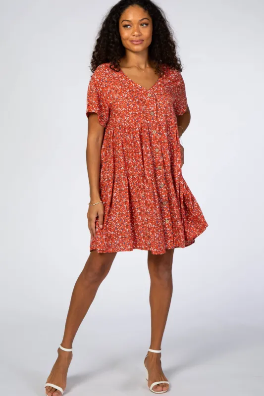 Rust Floral Button Front Mini Dress sold by Pinkblush
