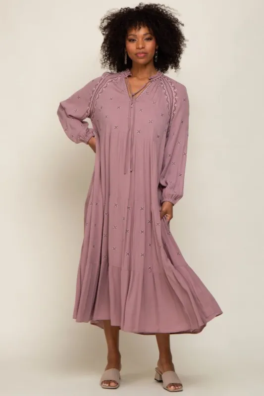 Mauve Ruffle Mock Neck Embroidered Tiered Midi Dress sold by Pinkblush