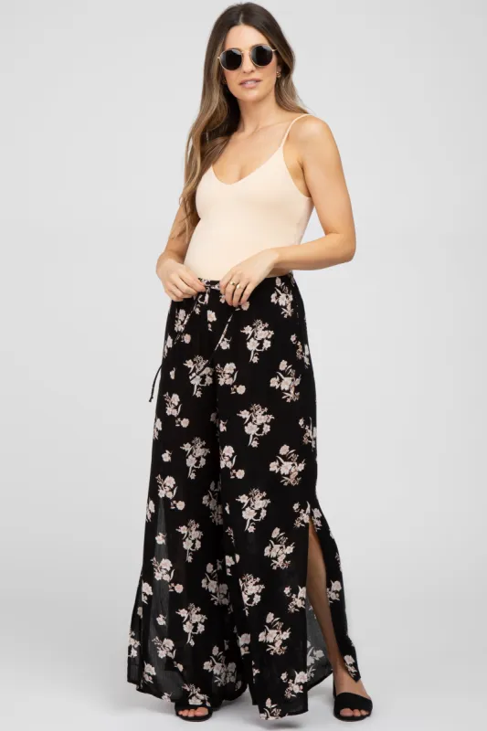 Black Floral Split Hem Maternity Pants sold by Pinkblush