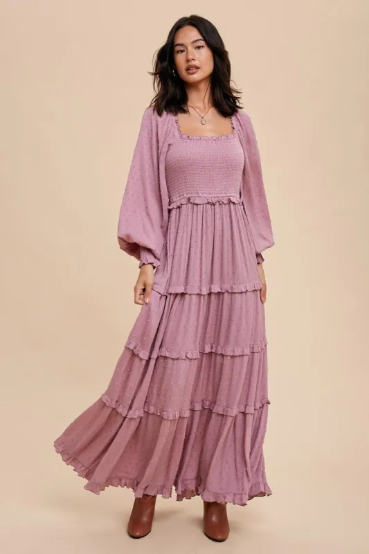 Mauve Swiss Dot Ruffle Accent Tiered Maxi Dress sold by Pinkblush