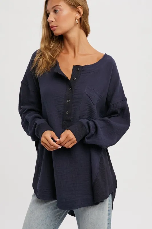 Navy Lightweight Button Front Tunic sold by Pinkblush