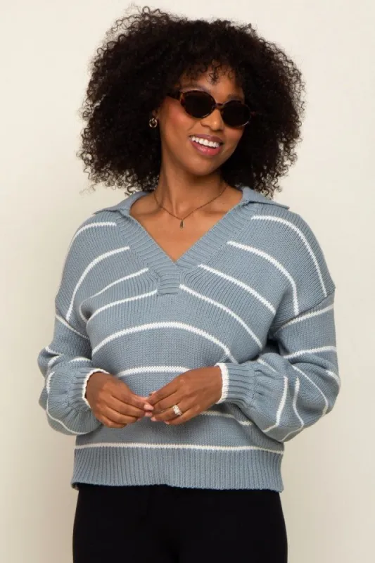 Light Blue Striped V-Neck Collared Sweater sold by Pinkblush