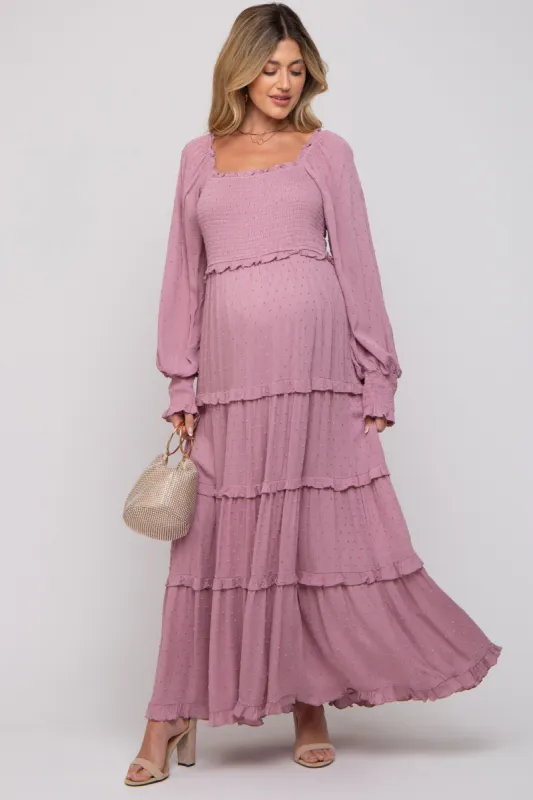 Mauve Swiss Dot Ruffle Accent Tiered Maternity Maxi Dress sold by Pinkblush